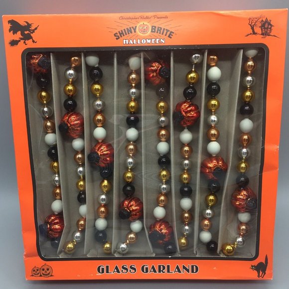 RADKO Shiny Brite GLASS GARLAND 7ft Pumpkin Halloween Black Orange Gold White - Picture 1 of 6